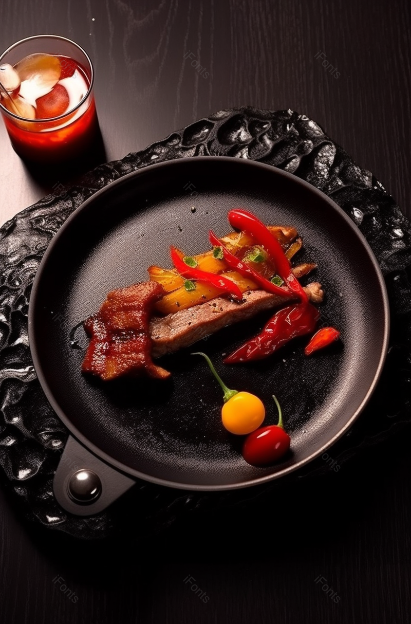 暗色氛围三文鱼灯笼椒桌台精致摆盘摄影背景,高清,摄影图,摄影图片,图片大全,摄影图免费下载